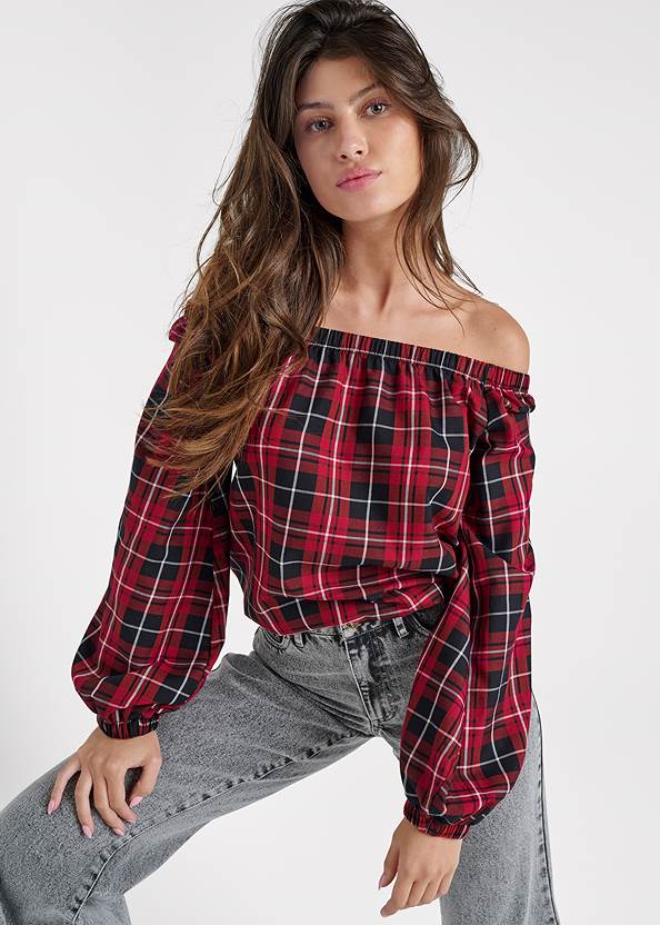 Front View Off The Shoulder Plaid Top