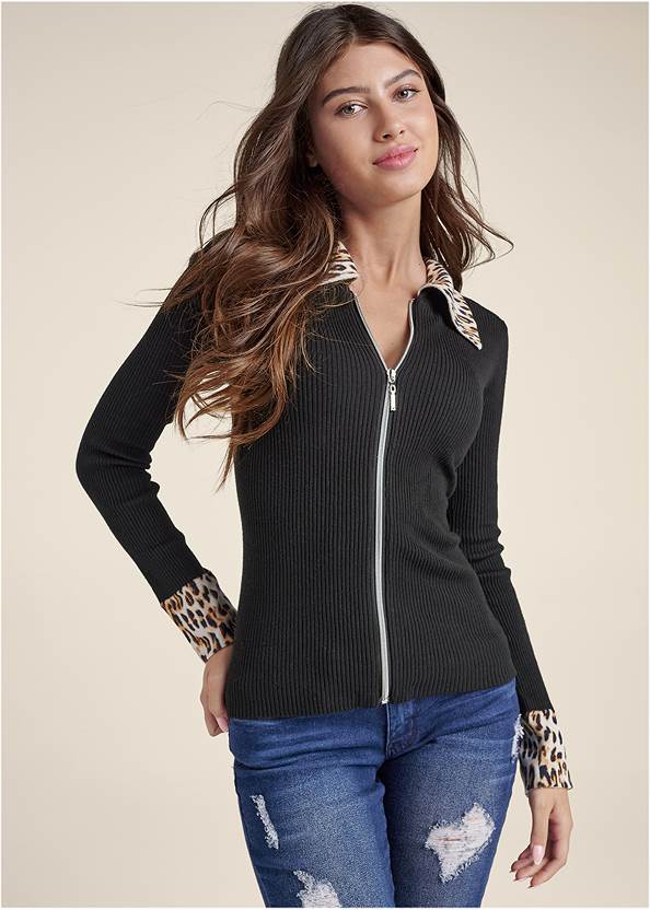 Zipper Front Cardigan,Ripped Skinny Jeans,Slim Jeans,Stretch-Back Boots,Hoop Earrings,Quilted Chain Handbag