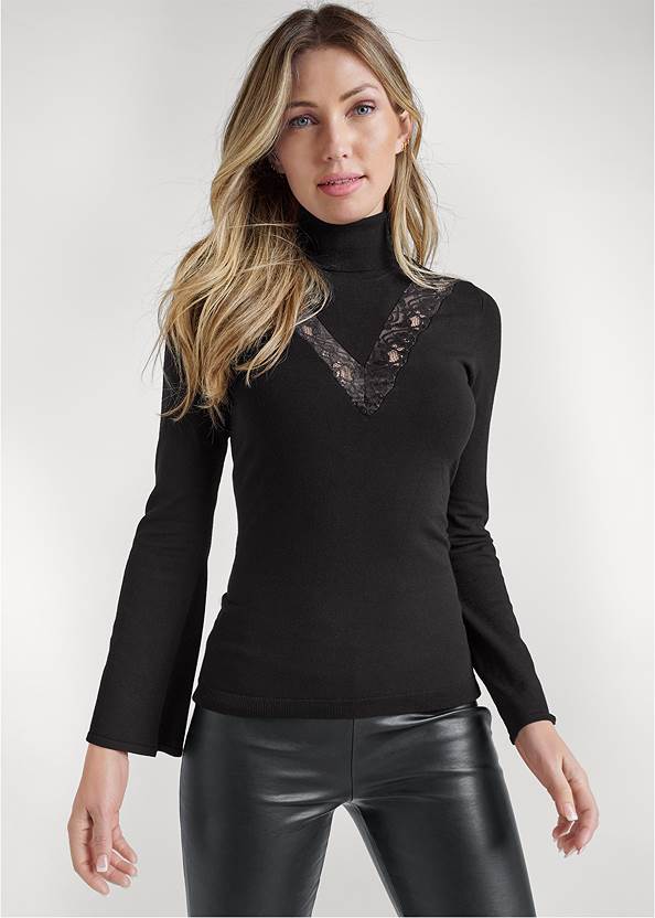 Lace Bell-Sleeve Turtleneck Sweater,Faux-Leather Leggings,Lace-Up Heeled Boots