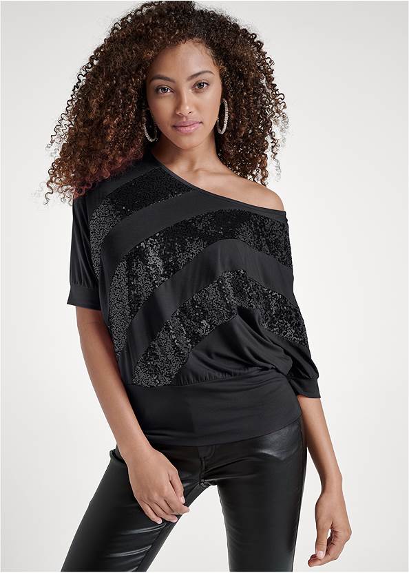 Cropped Front View Off-Shoulder Sequin Top
