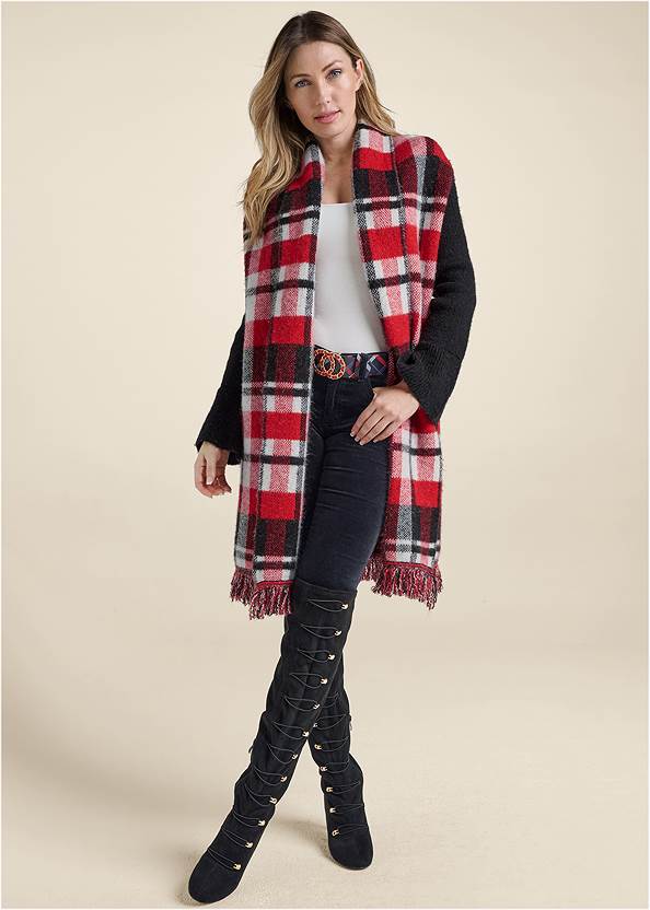 Plaid Fringe Duster,Basic Cami Two Pack,Velvet Pants,5-Pocket Faux-Leather Pants,Lace-Up Heeled Boots,Plaid Ring Buckle Belt,Quilted Chain Handbag