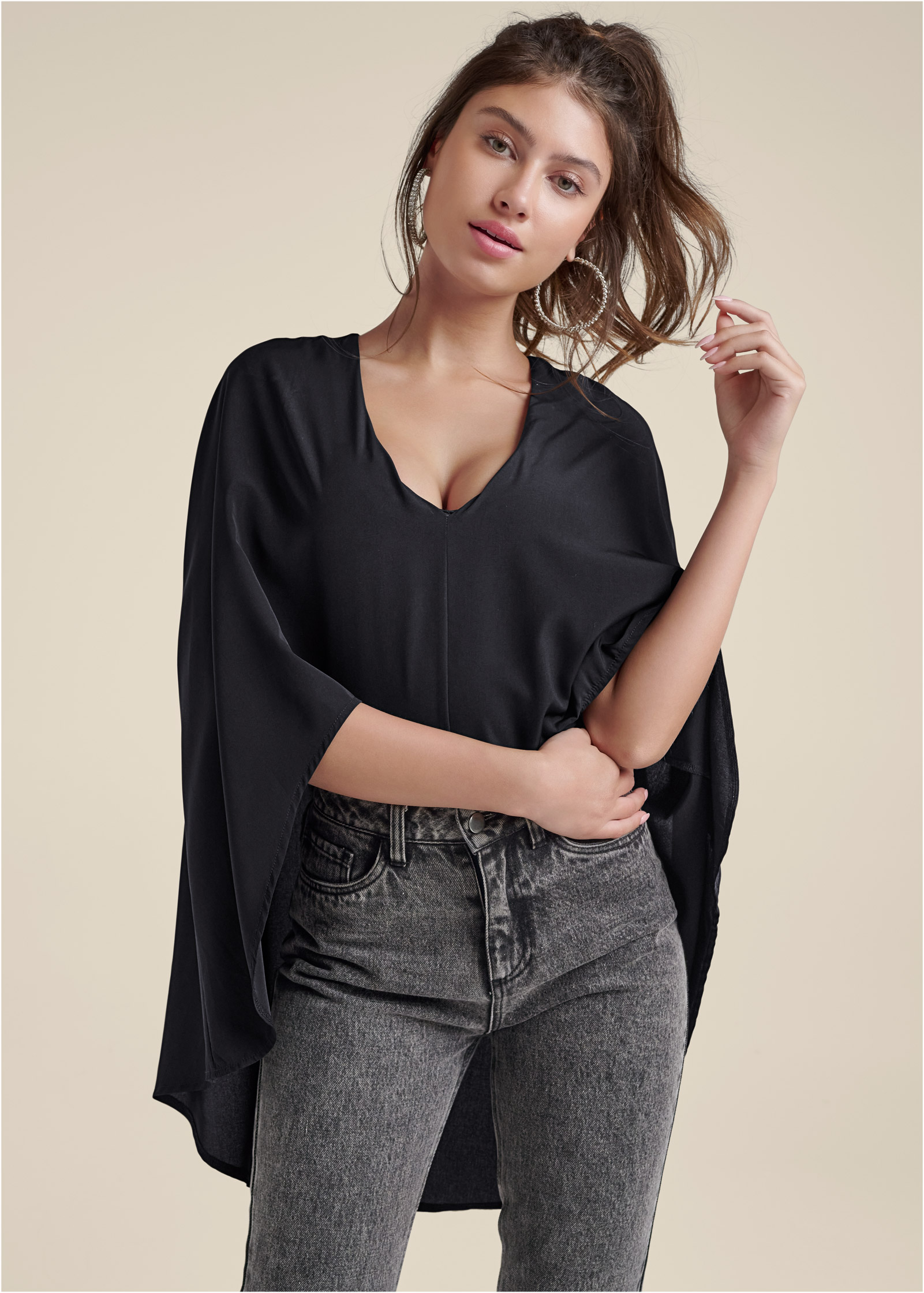 V-NECK CAPE BODYSUIT in Black | VENUS