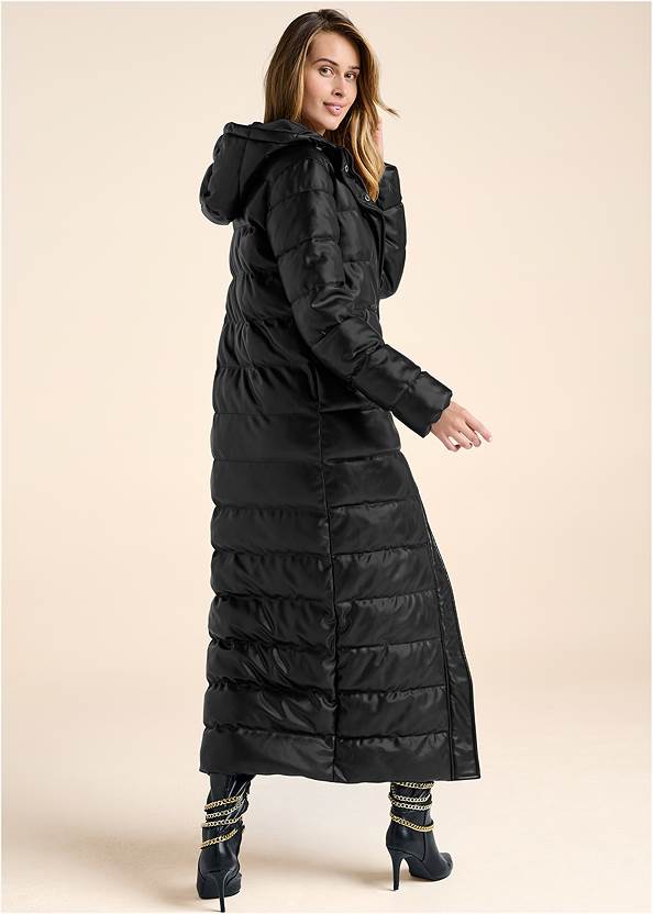 Full back view Faux Leather Puffer Trench Coat