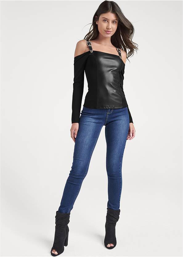Full front view Faux Leather Buckle Detail Top