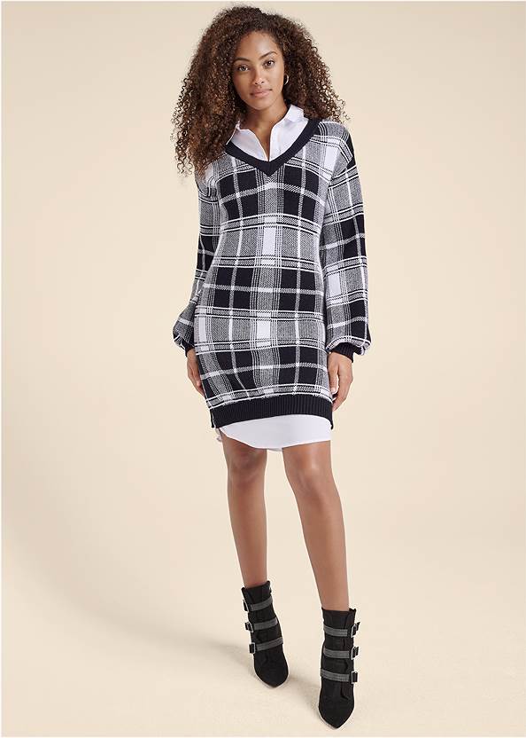 Full front view Plaid Sweater Twofer Dress