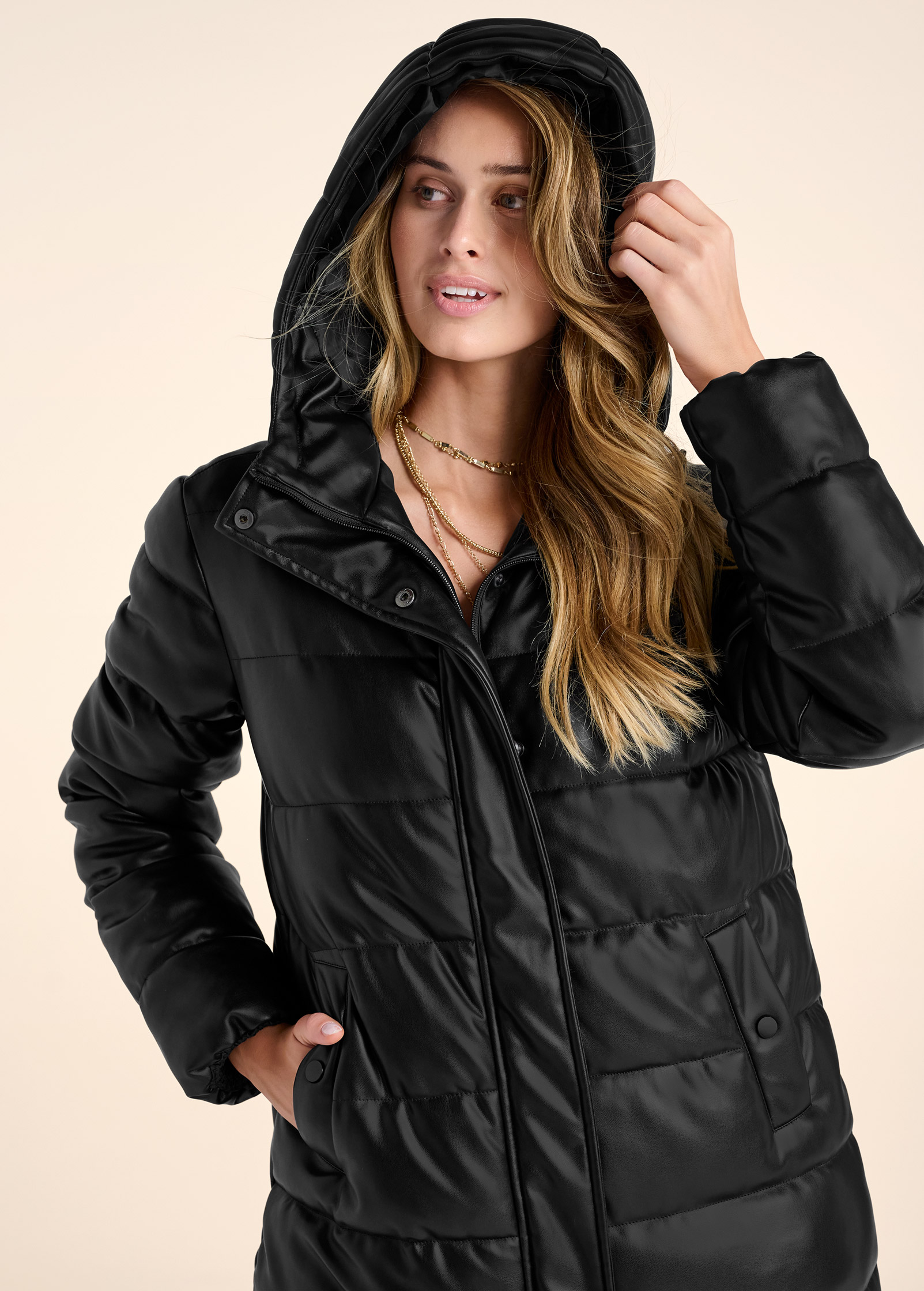 Faux Leather Puffer Trench Coat