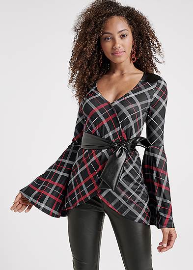 Bell Sleeve Plaid Top