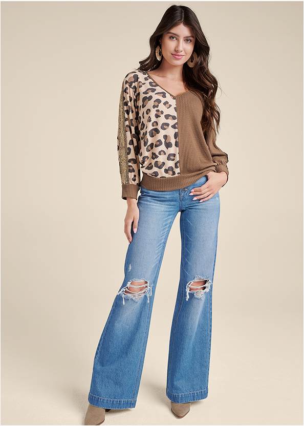 Full front view Sequin Printed Waffle Knit Top