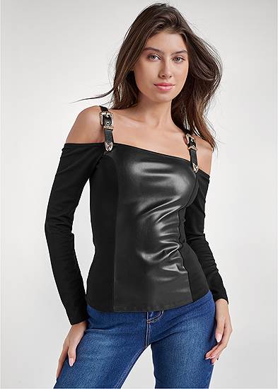 Faux Leather Buckle Detail Top