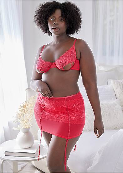 Plus Size Open Cup Bra And Skirt Set