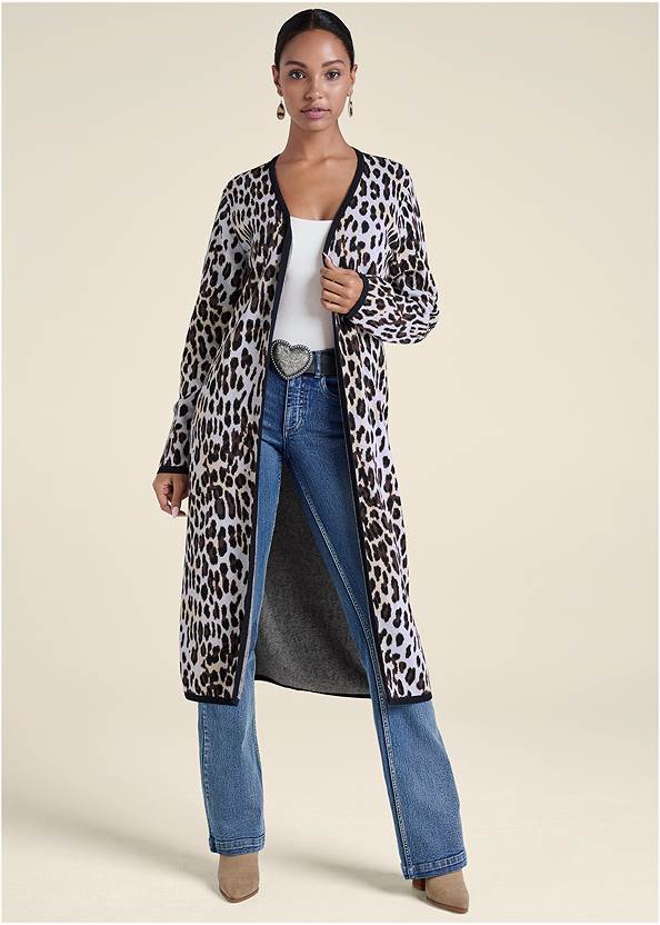 Snow Leopard Print Duster,Basic Cami Two Pack,Bootcut Jeans,New Vintage Split Hem Jeans,Western Block Heel Booties,Mixed Earring Set,Clutch Shoulder Bag Combo