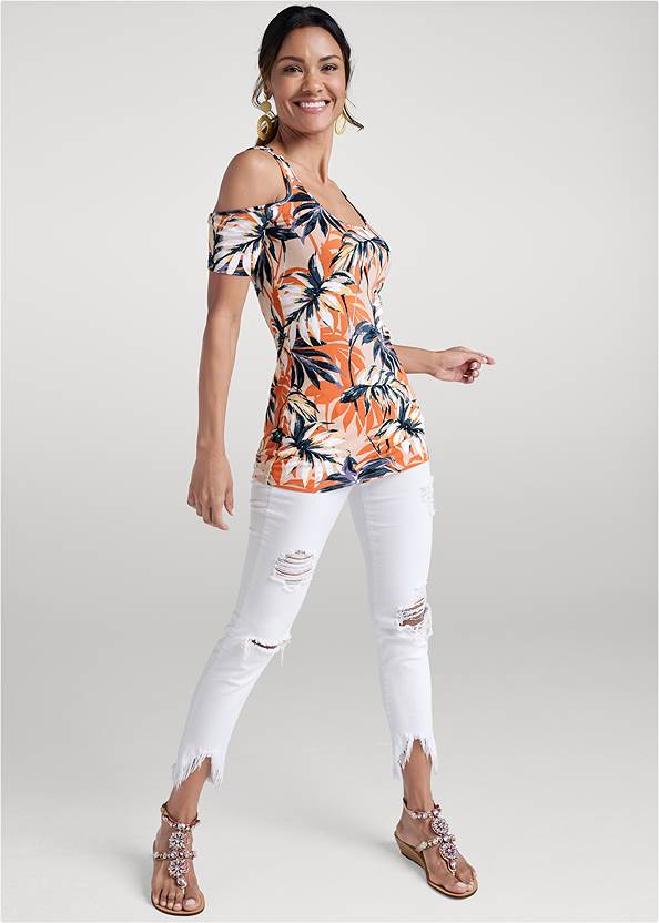 Full front view Long And Lean Cold-Shoulder Top, Any 2 Tops For $39
