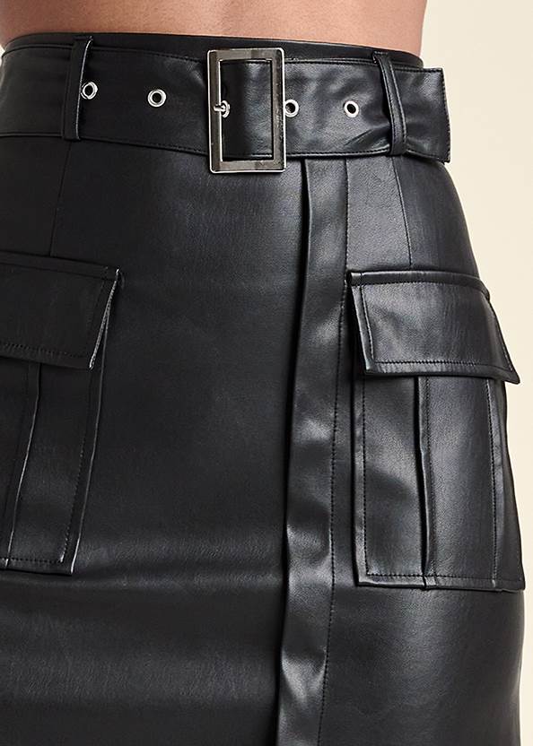 Detail front view Belted Lace Faux Leather Skirt
