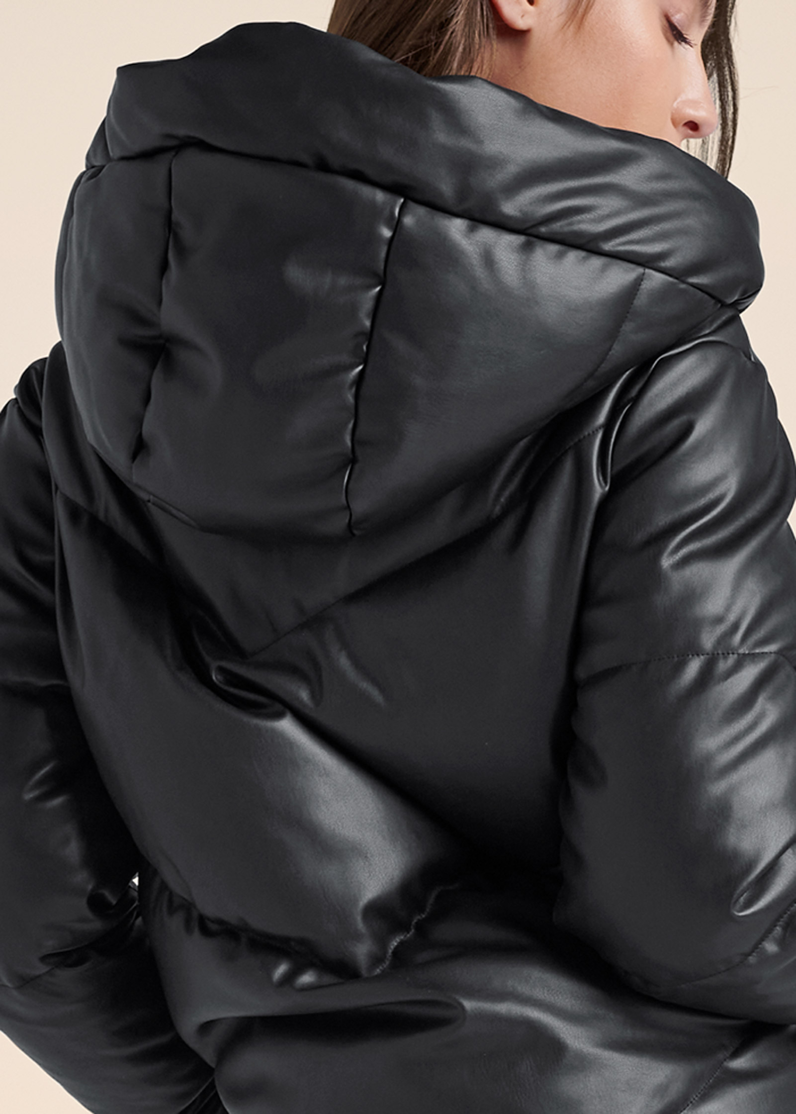 FAUX-LEATHER PUFFER WITH HOOD in Black | VENUS