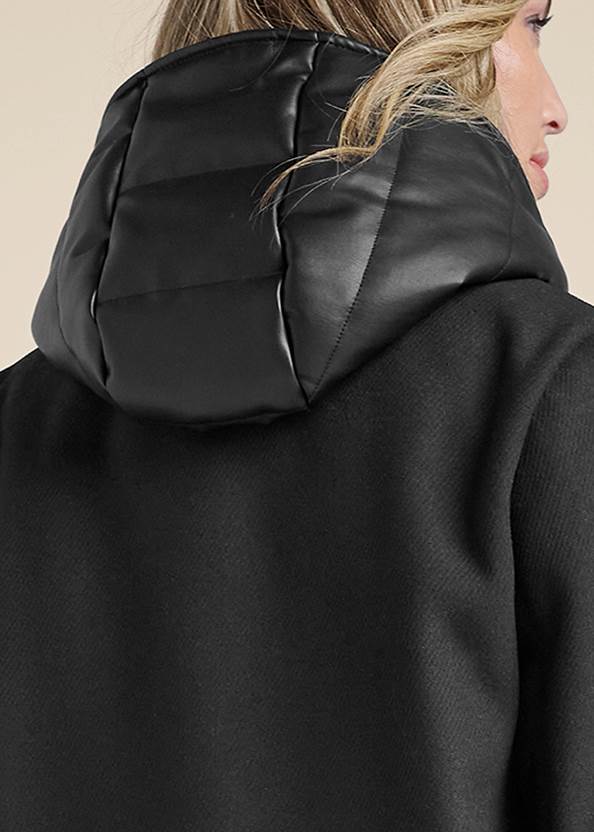 Detail back view Twofer Coat/Faux-Leather Vest