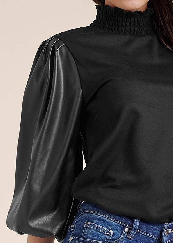 Detail front view Faux Leather Mock Neck Top