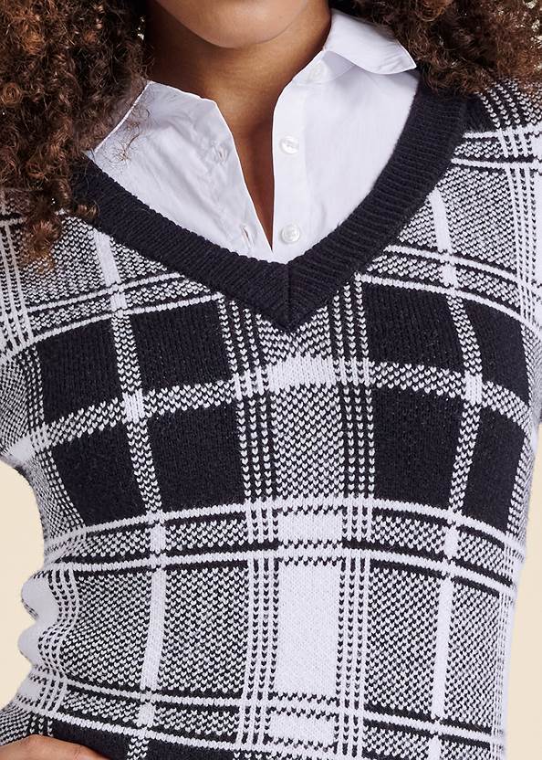 Detail front view Plaid Layered Sweater Dress