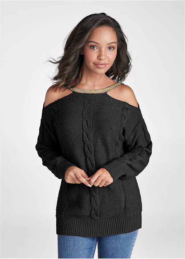 Cropped front view Embellished Neckline Sweater
