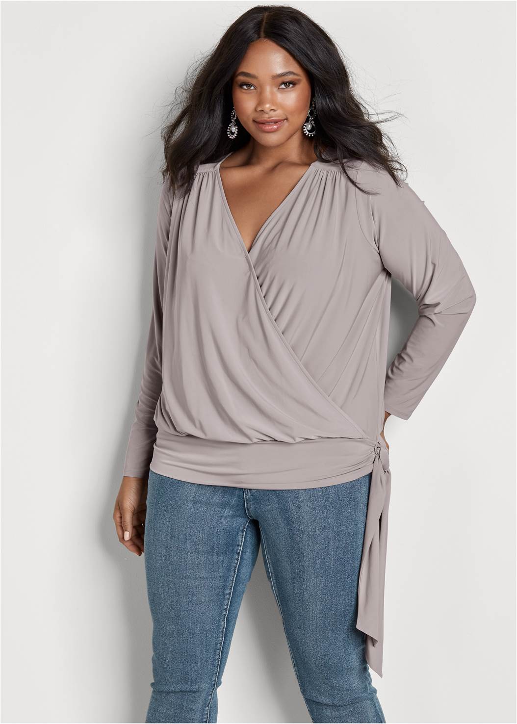 SURPLICE SIDE TIE TOP in Grey | VENUS