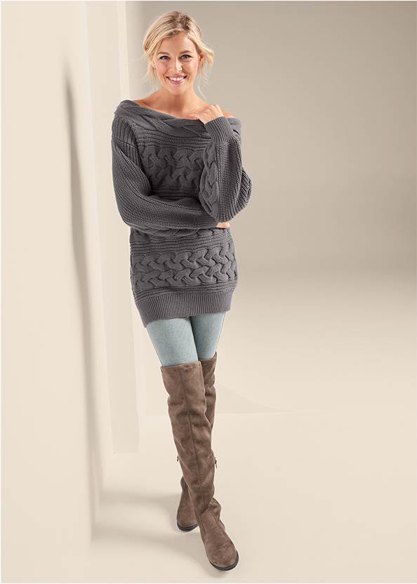 Full front view Boat Neck Cable Knit Sweater