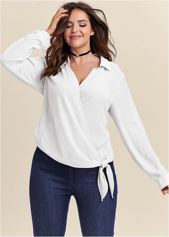Surplice Side Tie Blouse,Mid-Rise Slimming Stretch Jeggings