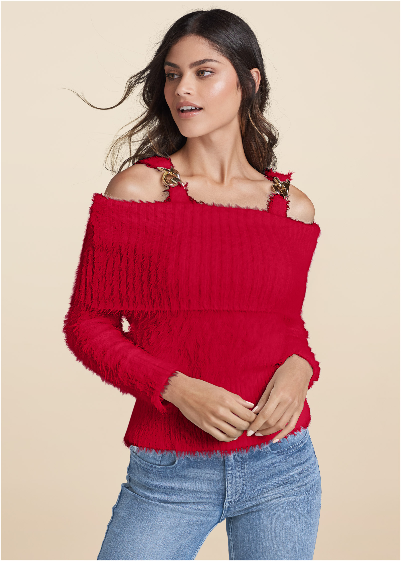 Chain detail cold shoulder sweater in Red VENUS