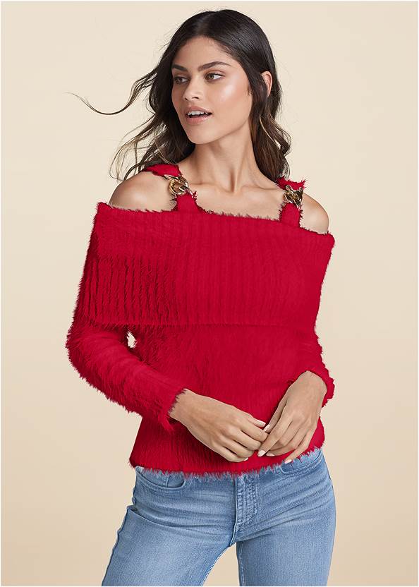 Cropped Front View Chain Detail Cold-Shoulder Sweater