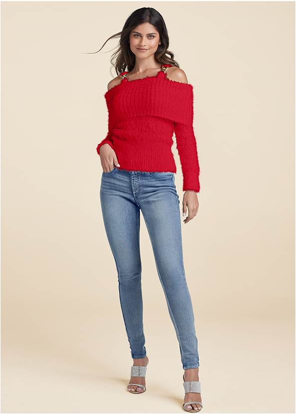 Full Front View Chain Detail Cold-Shoulder Sweater