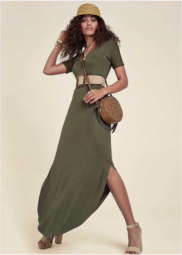 Casual T-Shirt Maxi Dress,Whipstitch Peep Toe Booties,Raffia Strappy Jewel Sandals,Wood Earrings,Woven Belt,Studded Round Crossbody