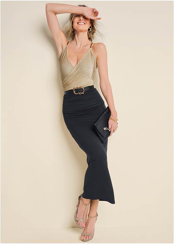 Gathered Waist Long Skirt,Glitter Chain Strap Top,Long And Lean V-Neck Tee,Metallic Strappy Heels,High Heel Strappy Sandals,Beaded Leaf Earrings,Embellished Snake Belt