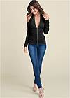 Full Front View Zip-Up Ruched V-Neck Top