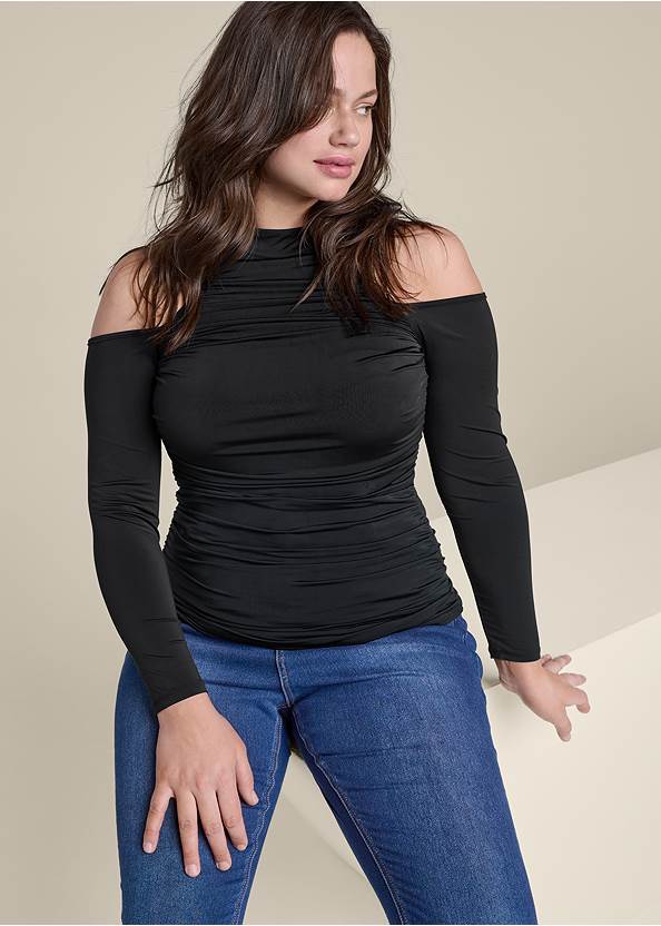 Shape Embrace Cold-Shoulder Top,Lift Jeans,Skinny Jeans,T-Strap Heels,Hoop Earrings Set