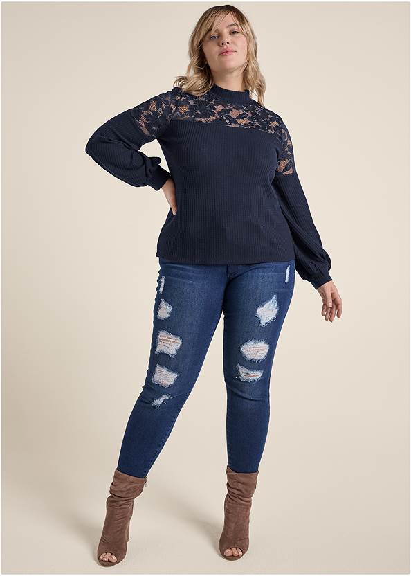 Front View Waffle Mock-Neck Lace Top