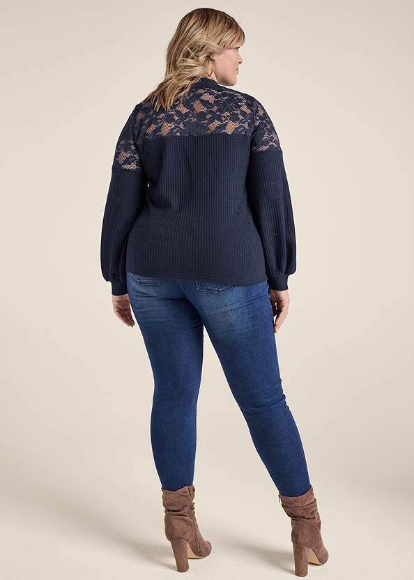 Back View Waffle Mock-Neck Lace Top