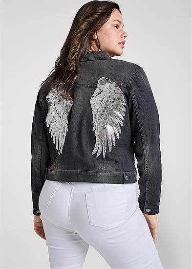 Plus Size Sequin Wing Jean Jacket