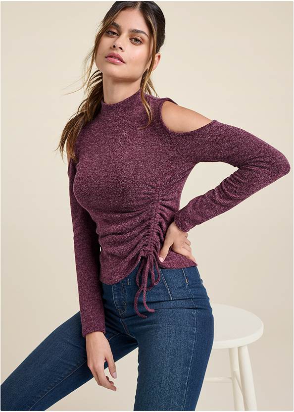 Cropped Front View Ruched Cold-Shoulder Top