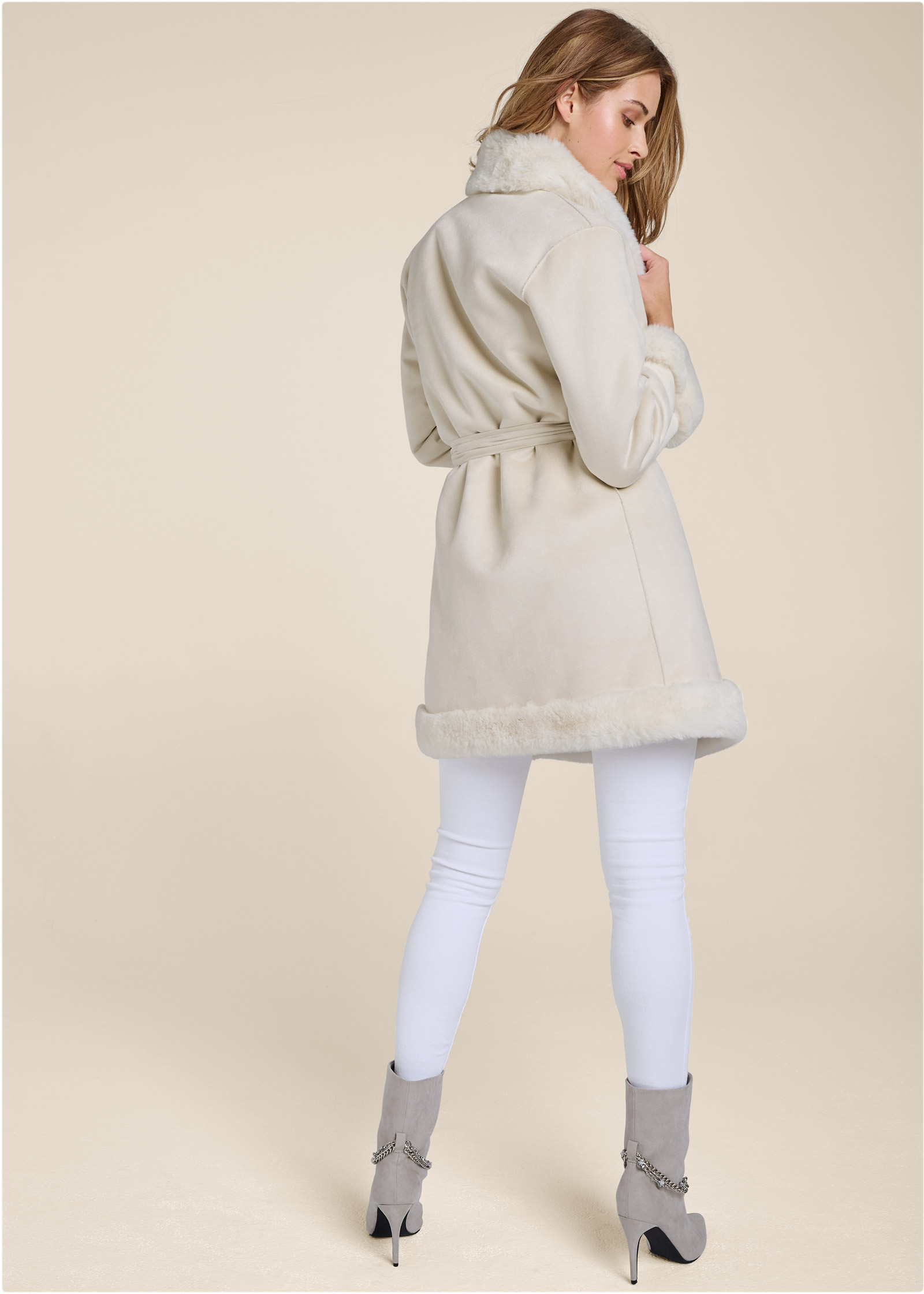 FAUX-FUR TRIM COAT in Off White | VENUS