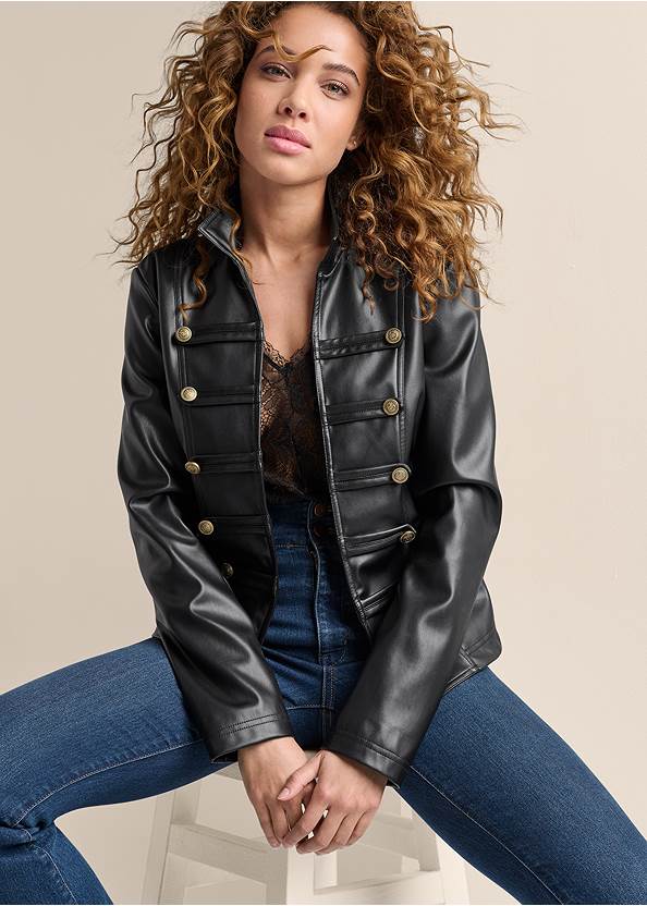 Faux-Leather Parade Jacket,Lace Detail Tank,Mesh Detail Top, Any 2 Tops For $39,Pintuck Semi-Flare Jeans,Block Heel Platform Sandals,Hoop Earrings Set,Quilted Chain Handbag