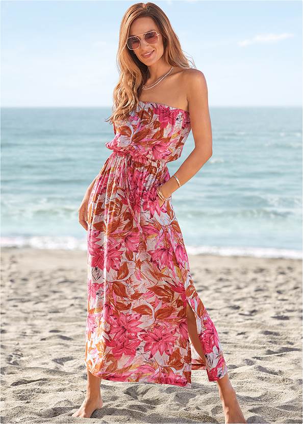 Strapless Maxi Dress,Pearl By Venus® Strapless Bra,Embellished Rope Sandals,Braided Strappy Cork Wedges,Boho Chandelier Earrings