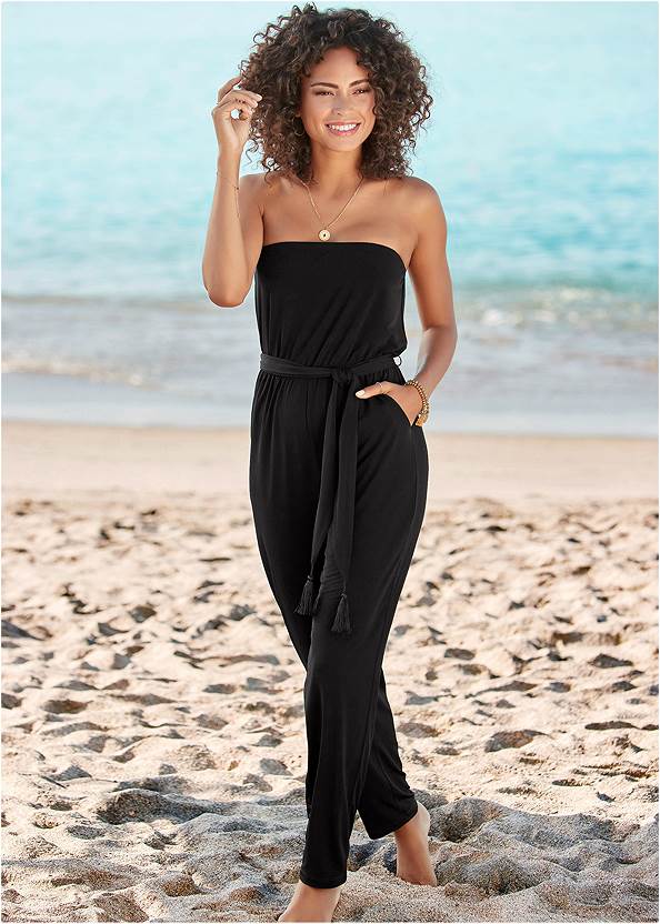 Strapless Casual Jumpsuit,Strappy Toe Ring Sandals,Sexy Slingback Heels,Mixed Earring Set,Beaded Clutch And Crossbody