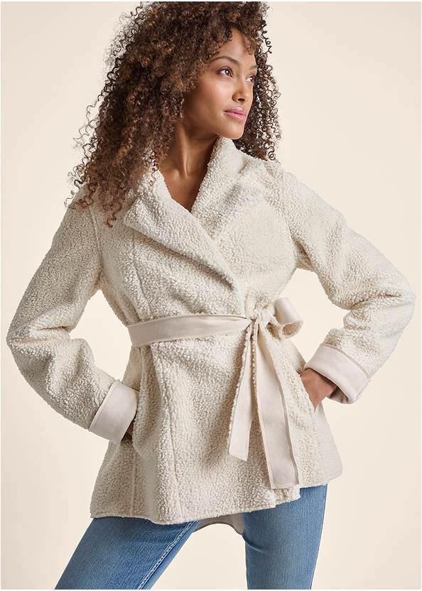 Full front view Reversible Faux-Sherpa Coat