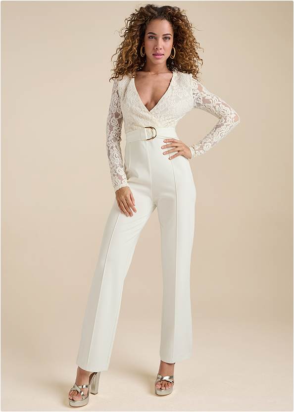 Full front view Lace V-Neck Belted Jumpsuit