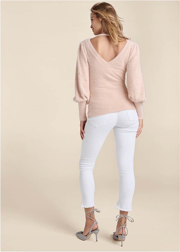 Back View Pearl Puff Sleeve Sweater