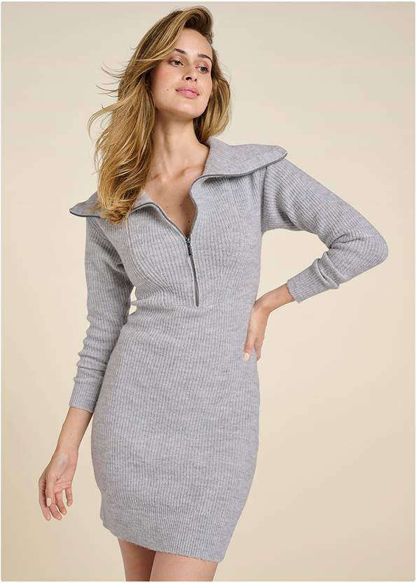 Front View Zip Front Sweater Dress