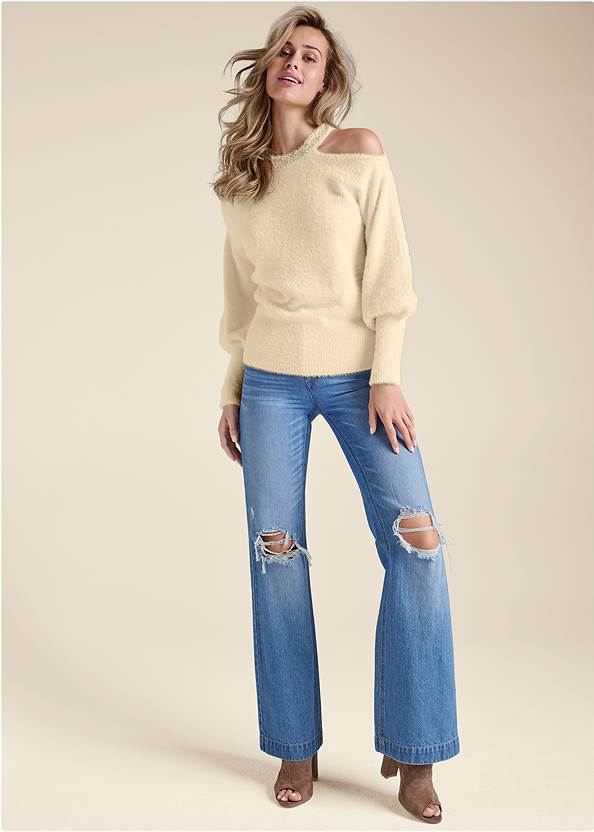 Full Front View Cozy Cold Shoulder Sweater