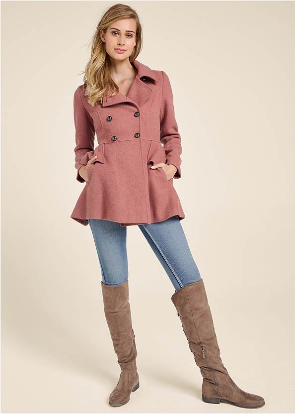 Tiered Peplum Coat,Basic Cami Two Pack,Slim Jeans,Back Lace-Up Flat Boots