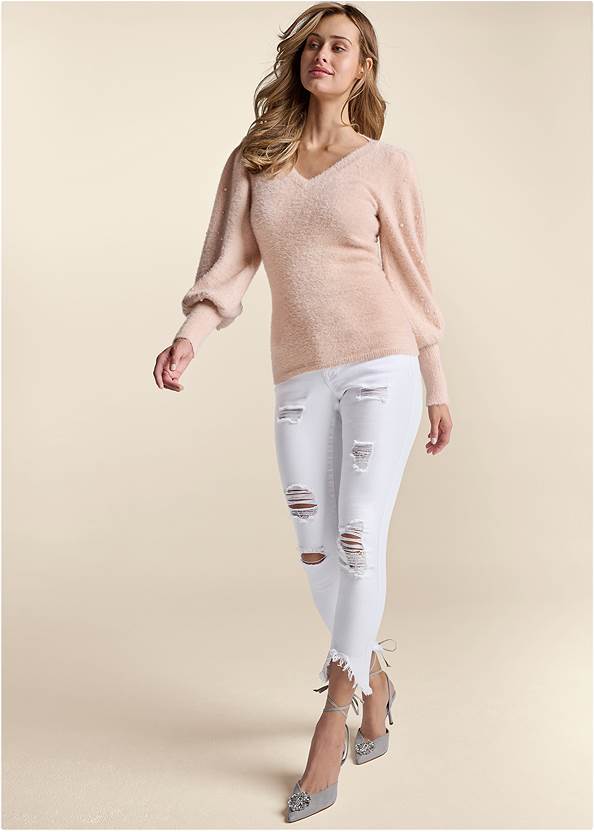 Full Front View Pearl Puff Sleeve Sweater