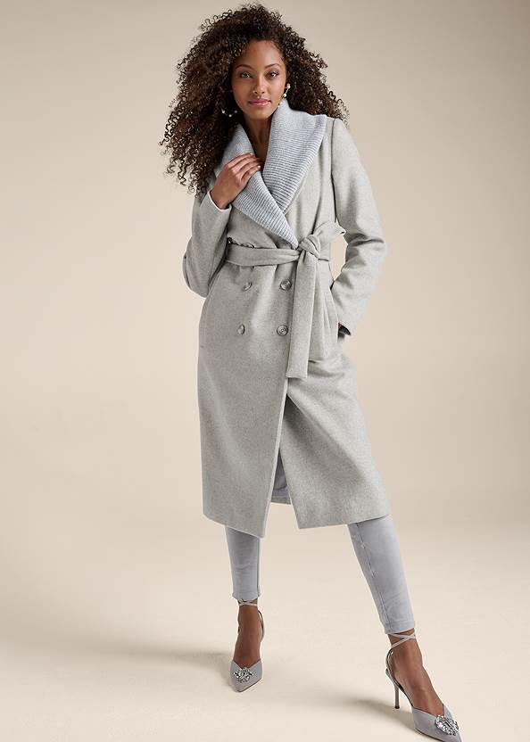 Sweater Collar Wrap Coat,Basic Cami Two Pack,Pull-On Faux-Suede Skinny Pants,Mid-Rise Slimming Stretch Jeggings,Faux-Suede Gladiator Heels,Two-Pack Hoop Earrings Set,Rhinestone Clutch