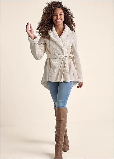 Women's Faux-Fur Trim Coat - Whisper White, Size 6 by Venus