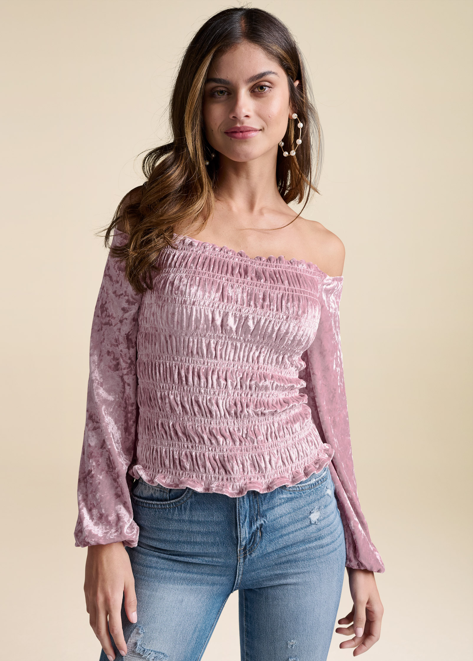 OFF THE SHOULDER VELVET TOP in Pink | VENUS